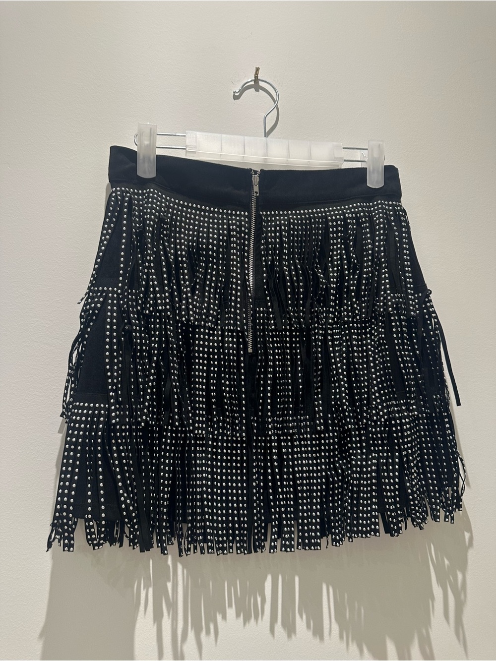 Black Studded Fringe Mini Skirt with Center Zip